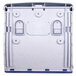 A white plastic San Jamar Ultrafold paper towel dispenser with blue plastic parts.