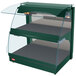A green curved merchandising warmer with double shelves and glass shelves.
