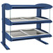 A blue and silver Hatco horizontal heated zone merchandiser shelf with trays on it.