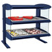 A blue Hatco countertop heated zone merchandiser with shelves of desserts.