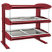 A red and silver metal shelf with two heated zones.