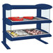 A navy blue Hatco countertop heated display case with two shelves of food and snacks.