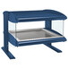 A blue metal shelf in a blue display case with a clear glass top.