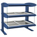 A navy blue metal Hatco countertop heated zone display shelf with glass shelves.