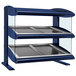 A navy blue Hatco heated zone merchandiser with glass shelves on a counter.