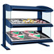 A Hatco navy blue slanted double shelf heated countertop food display case with food on it.