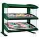 A Hunter Green Hatco heated zone merchandiser with food on double shelves.