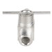 A silver metal Bunn needle valve with a screw.