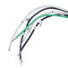 A group of wires with tags, including green, white, and black wires, on a white background.