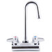 A silver Equip by T&amp;S wall mounted faucet with two levers and a gooseneck spout.