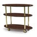 A three tiered wood and gold cart with mahogany finish.