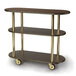 A Geneva mahogany laminate serving cart with three shelves and wheels.
