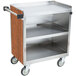 A Lakeside stainless steel utility cart with a wood grained surface and wood enclosed base.