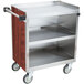 A Lakeside stainless steel utility cart with a red maple wood surface.