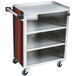 A Lakeside stainless steel utility cart with an enclosed metal base and red maple finish.