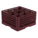 A burgundy Vollrath Traex glass rack with 9 compartments.
