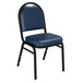 A National Public Seating black stack chair with midnight blue vinyl upholstery.