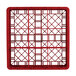 A red plastic Vollrath glass rack with nine compartments and a grid pattern.