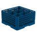 A Vollrath royal blue plastic glass rack with 9 compartments.