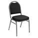A black and silver stacking chair with black fabric upholstery.