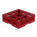A red plastic Vollrath Traex glass rack with 9 compartments and an open rack extender on top.