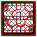 A red plastic Vollrath Traex glass rack with hexagons.