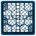 A Vollrath Traex royal blue plastic glass rack with 12 compartments in a grid pattern.