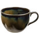 A brown and black Tuxton china cup with a handle.