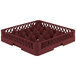 A Vollrath burgundy plastic glass rack with 12 compartments.