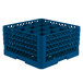 A Vollrath Traex royal blue plastic glass rack with 16 compartments.