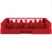 A red plastic Vollrath dish rack with 12 compartments.