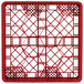A red plastic Vollrath Traex rack with 12 compartments with x-shaped holes.