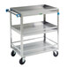 A Lakeside stainless steel utility cart with three shelves and blue handles.