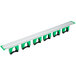 A white plastic Unger hang up tool holder with six green and white clips.