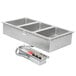 An APW Wyott drop-in hot food well with three compartments in a metal container.