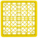 A yellow plastic Vollrath Traex glass rack with a grid pattern of many square compartments.