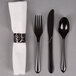 Hoffmaster 119971 CaterWrap 17" x 17" Pre-Rolled Silver Swirl Linen-Like White Napkin and Black Heavy Weight Plastic Cutlery Set - 100/Case Main Thumbnail 2