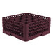 A burgundy Vollrath Traex glass rack with 16 compartments.