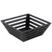 An American Metalcraft black square birch bread basket with tapered sides and stripes of wood.