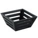 An American Metalcraft black square bread basket with wooden slats.