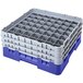 A blue plastic Cambro glass rack with compartments.