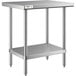 A Regency stainless steel work table with undershelf and legs.