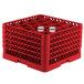 A red plastic Vollrath Traex glass rack with glasses inside.