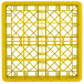 A yellow plastic Vollrath glass rack with 16 compartments.