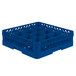 A Vollrath Royal Blue plastic glass rack with 16 compartments.
