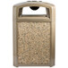 A beige Rubbermaid Landmark Series Classic trash can with a River Rock aggregate panel.