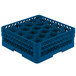 A blue plastic Vollrath Traex glass rack with 20 compartments and holes.
