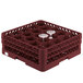 A Vollrath burgundy glass rack with 20 compartments for wine glasses.