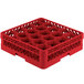 A red plastic Vollrath Traex glass rack with 20 compartments and holes.