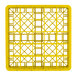 A yellow plastic Vollrath Traex glass rack with 25 compartments and a grid pattern.